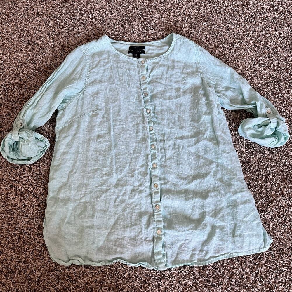 Tahari Shirt Sz XL 100% Linen Green Mother Of Pearl Buttons Roll Tan Sleeve Boho
